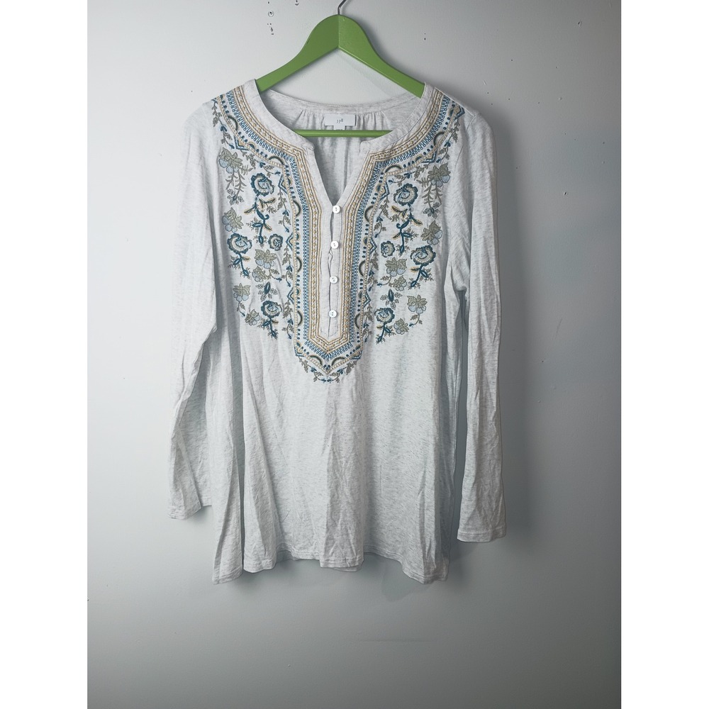 J. Jill Women Embroidered Floral Henley Tunic Top Long Sleeve Cotton Blend M